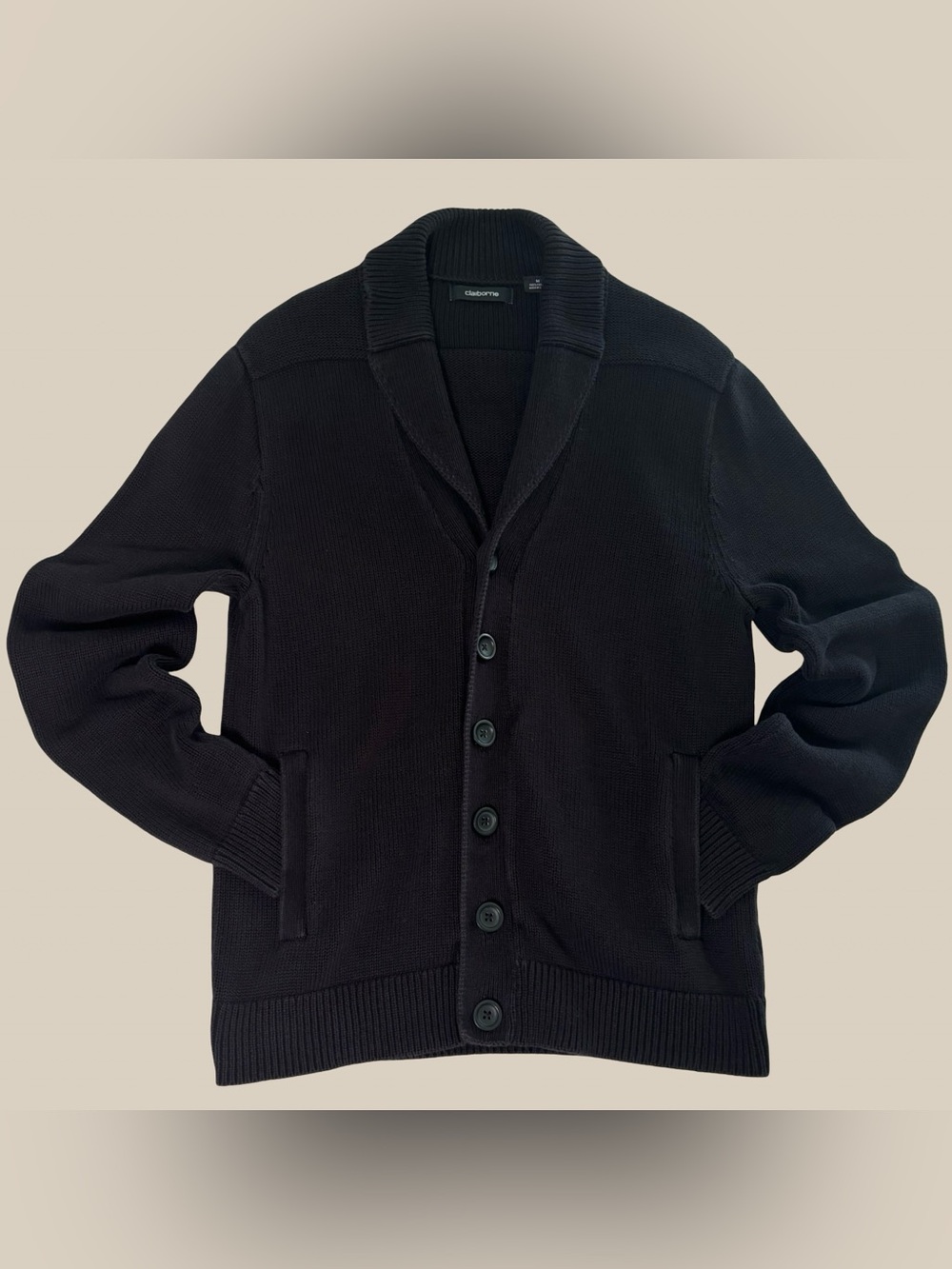 Vtg Claiborne Mens Black Shawl Collar Cardigan Sweater Button Front Pockets SZ M